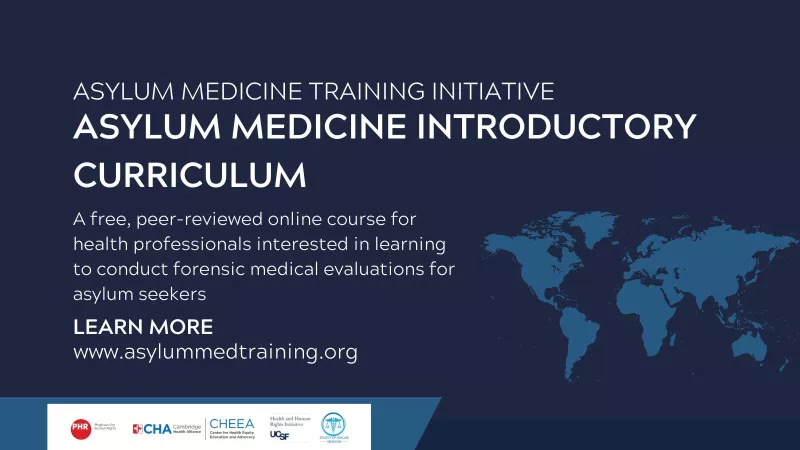 Navy blue graphic showing an outline of the world with brief promotional information about the Asylum Medicine Training Initiative